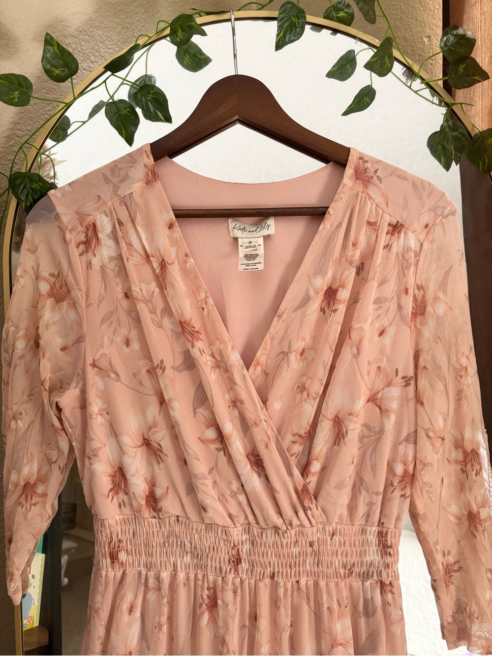 Kate & Lily Blush Floral Mesh Maxi Dress Size 8 Smocked Waist Boho